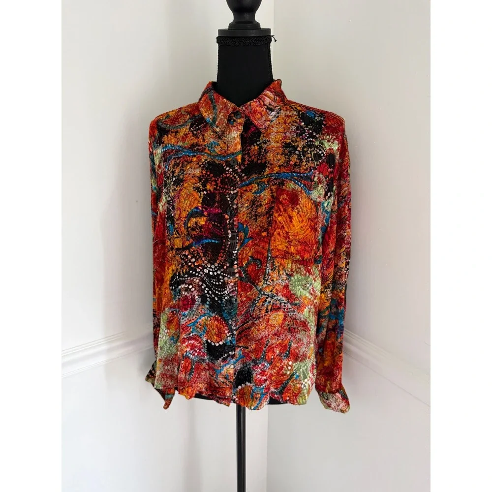 Chicos Silk Blend top sheer Abstract Print Crinkle Shirt Womens Size XL - Picture 1 of 6
